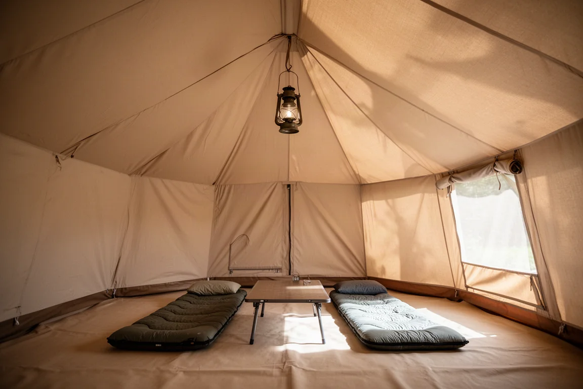 Intérieur d'une grande tente cabane avec une lanterne suspendue à la boucle du plafond