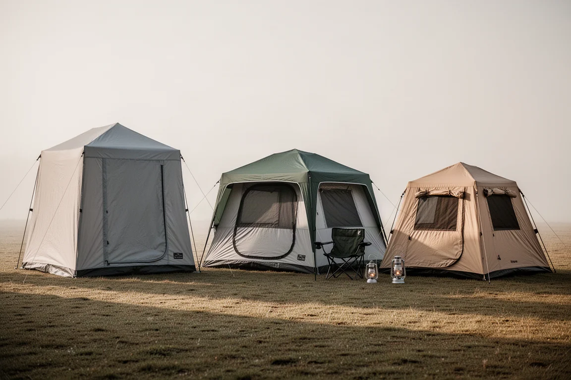 Three cabin tents of different sizes pitched side by side on a campsite at sunrise