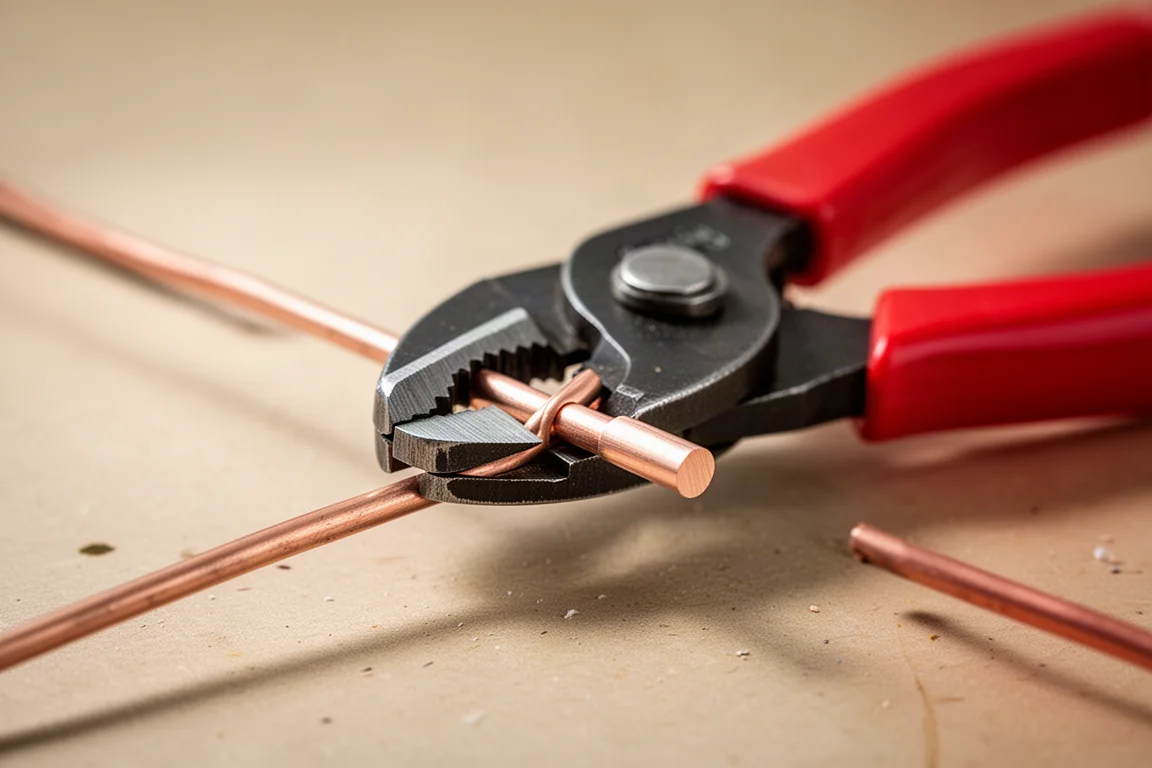 Zbliżenie na szczęki ciętki do kabli czysto przecinające miedziany przewód elektryczny