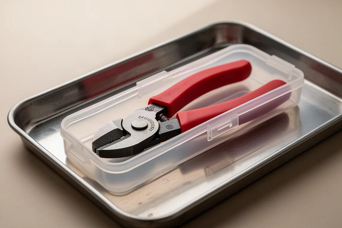 Snap-On 786CF Kabelbinder-Zange, liegend in ihrer schützenden Kunststoffkappe