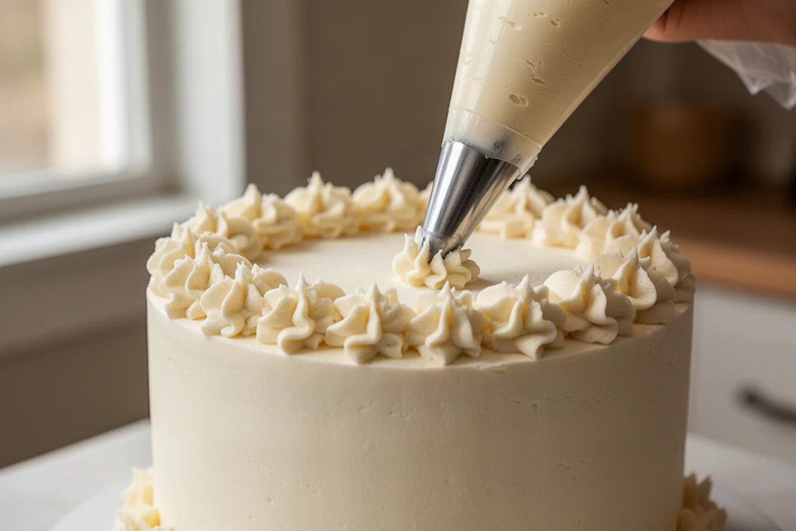 Roselline e bordi a stella di glassa pipati su una torta in fase di decorazione