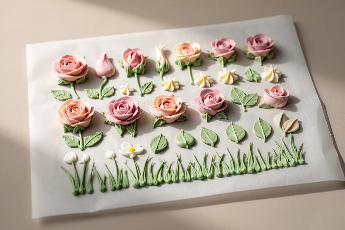 Fiori di glassa al burro pipati in vari stili su carta da forno