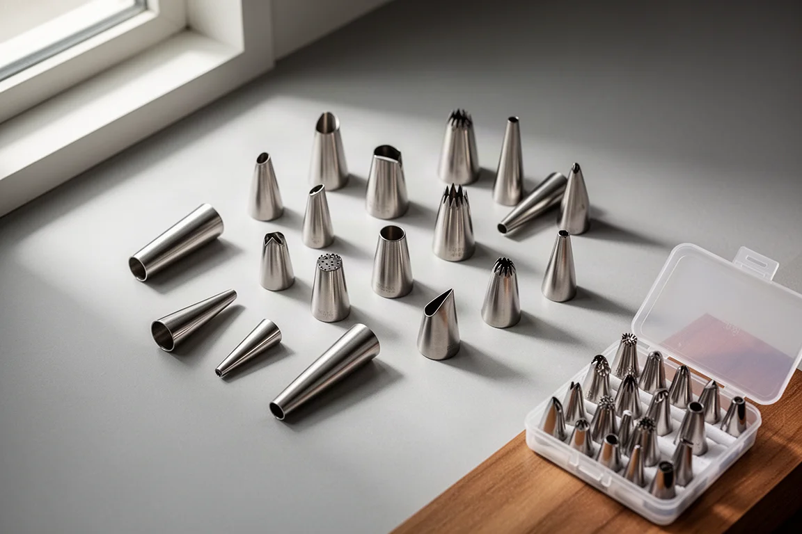 Assortiment de douilles à pâtisserie en acier inoxydable disposées sur une surface gris clair