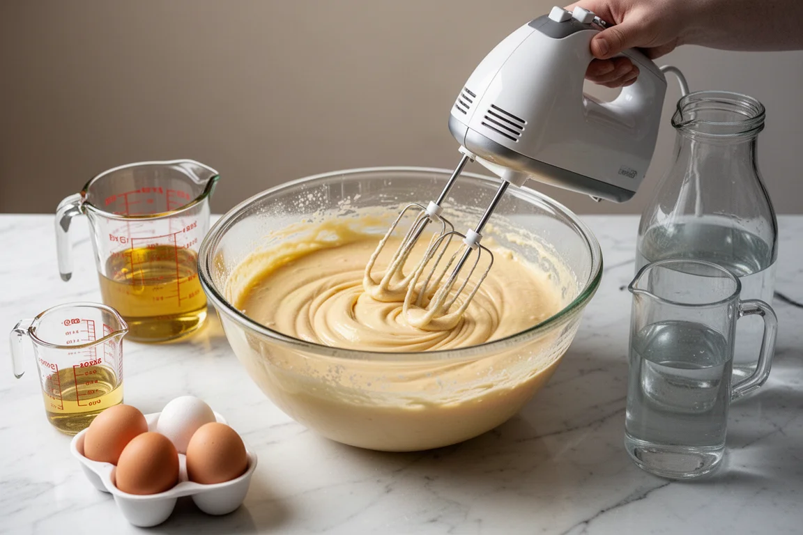 Masa de pastel mezclándose en un bol grande de vidrio con una batidora de mano