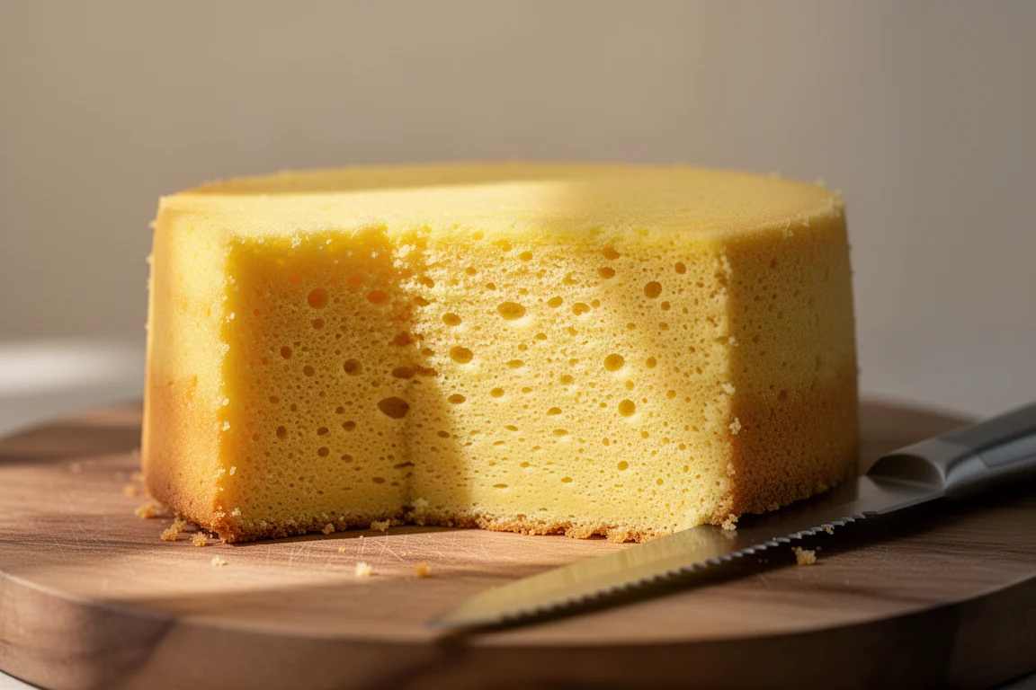 Primer plano de una capa de pastel rebanada que muestra una miga fina y uniforme