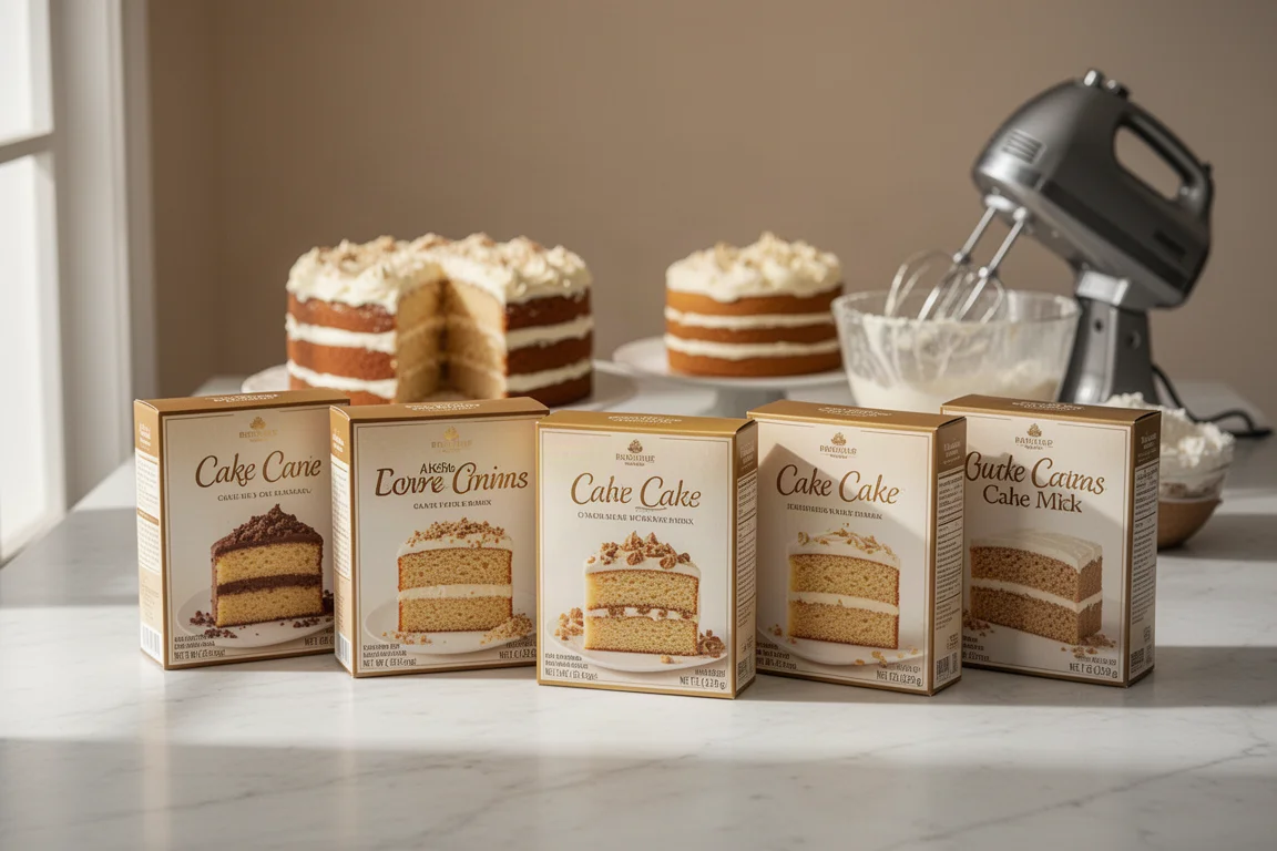 Six boxed cake mixes lined up on a marble counter with frosted layer cakes nearby