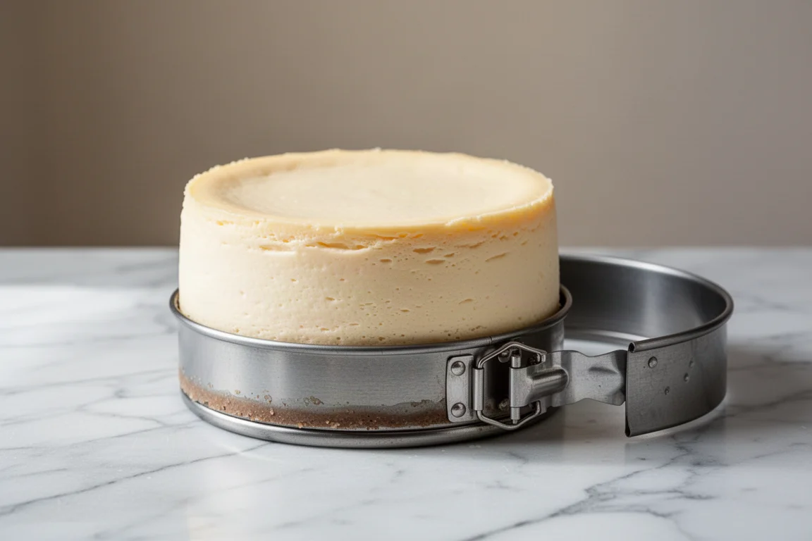 Käsekuchen mit geöffnetem Springformrand auf einer Marmorarbeitsfläche