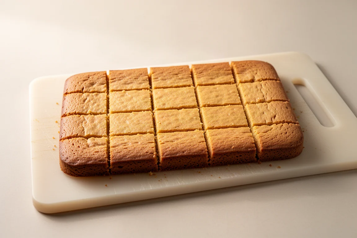 Gleichmäßig geschnittene Blechkuchenstücke auf einem Schneidebrett angeordnet
