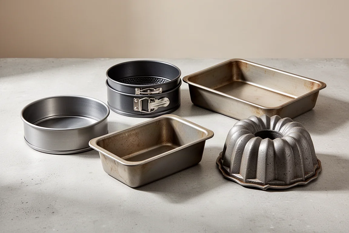 Five baking pans including round, springform, rectangular, loaf, and Bundt pans on a grey surface