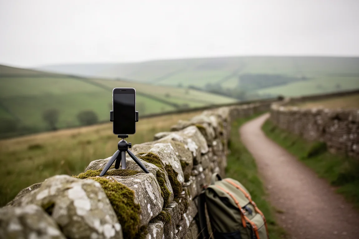 Smartphone su un piccolo treppiede su un muretto di pietra accanto a un sentiero di campagna