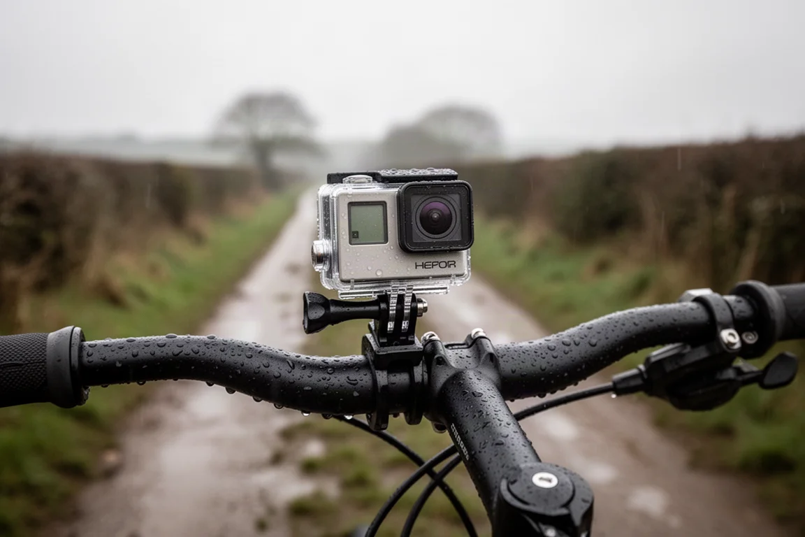 Action camera fissata al manubrio di una bicicletta su una strada di campagna bagnata