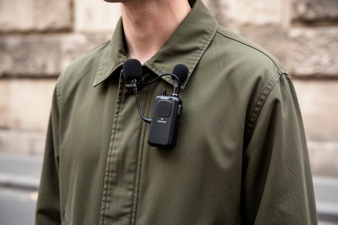 Trasmettitore di microfono wireless a clip fissato al colletto di una giacca