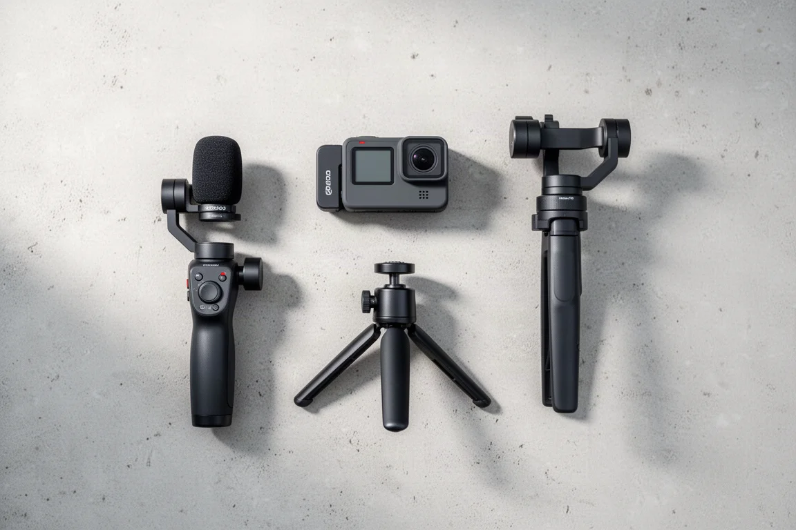 Flat-lay di action camera, microfono wireless, gimbal per smartphone e treppiede