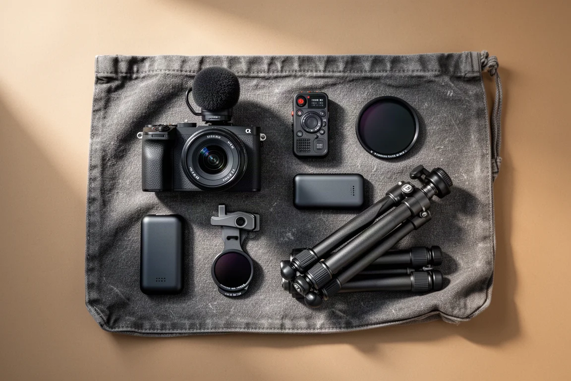 Mirrorless camera, compact microphone, and carbon tripod arranged on concrete beside a map