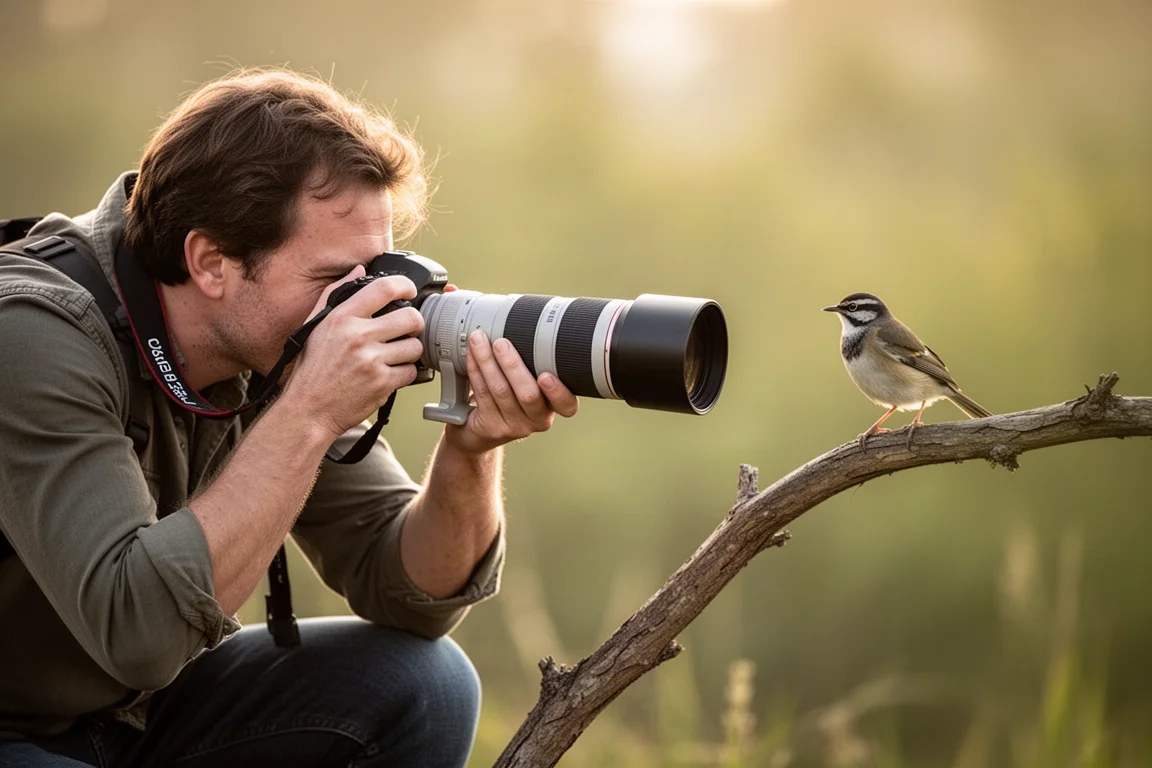 Fotógrafo de aves fotografiando un pequeño pájaro cantor con luz dorada de la mañana