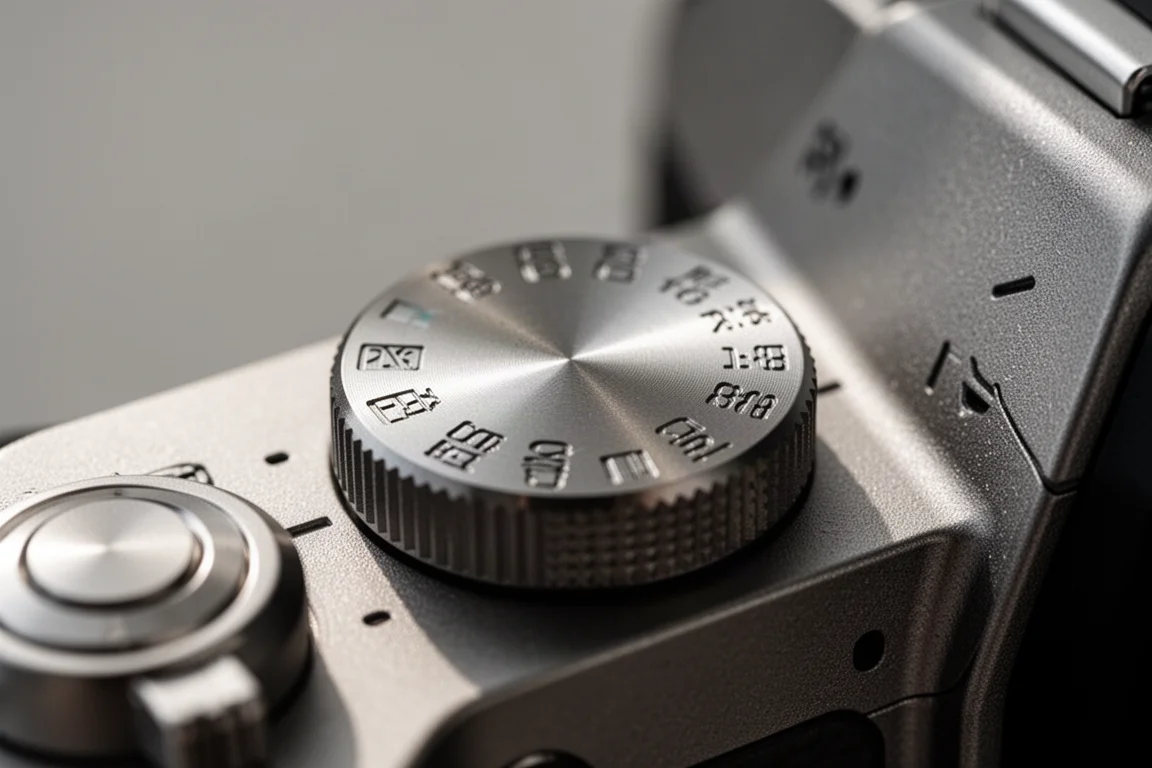 Primer plano del dial de modos de una cámara mostrando los modos de disparo