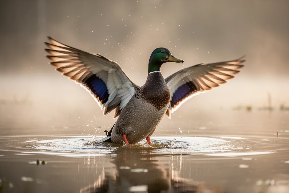Un pato agitando el agua de sus alas en un estanque