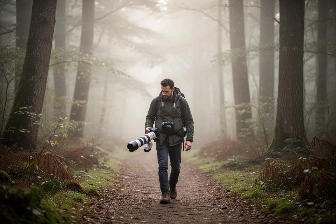 Fotógrafo en un sendero boscoso cargando un equipo de cámara con teleobjetivo