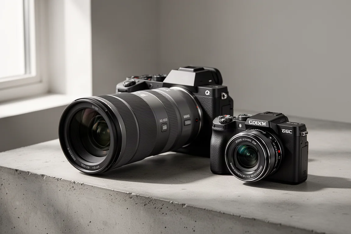 Mirrorless camera with telephoto lens beside a compact superzoom camera on concrete