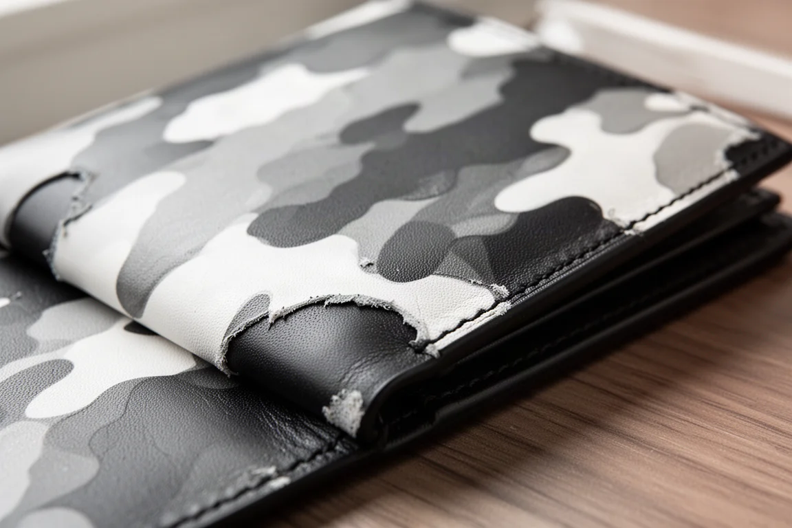 Portafoglio in pelle camouflage con evidenti segni d'usura che rivelano la pelle nera sottostante