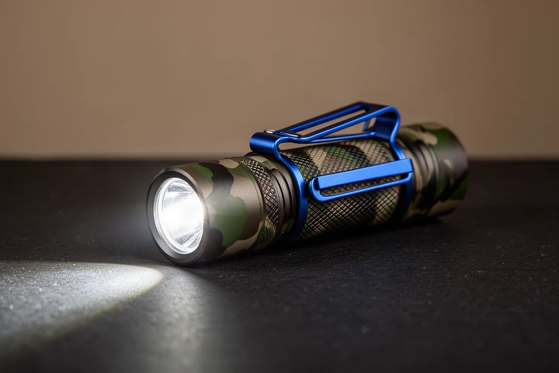 Torcia camouflage compatta che proietta un fascio di luce intenso su una superficie scura