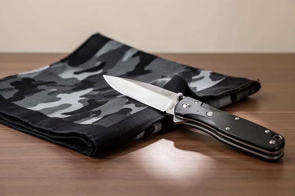 Fazzoletto in cotone che lucida la lama di un coltello da tasca su una scrivania in legno
