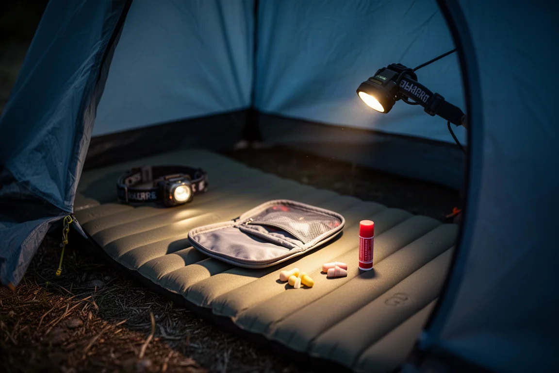 Pochette clamshell aperta distesa piatta dentro una tenda di notte con piccoli oggetti accanto