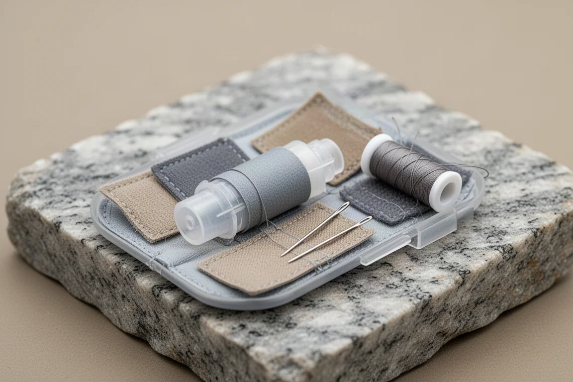 Compatto kit di riparazione da campo aperto su una lastra di granito con nastro, toppe e aghi
