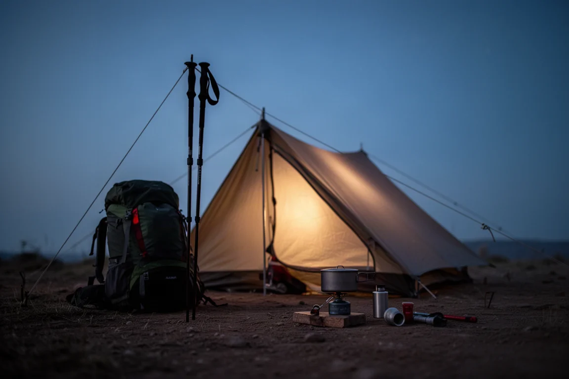 Campo di backpacking al crepuscolo con tenda illuminata, picchetti e pentola su terreno pianeggiante