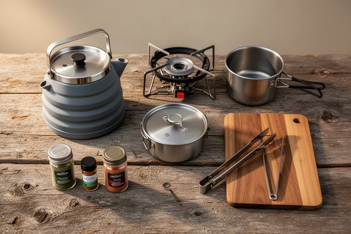 Camp kitchen gear flat lay with collapsible kettle, stove, pot, and utensils on wood