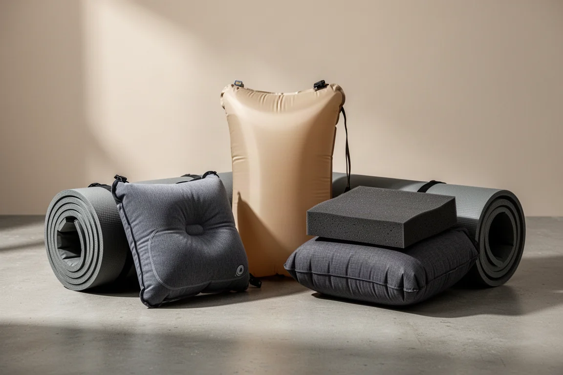 Three compact camping pillows arranged on a concrete surface beside a rolled sleeping pad