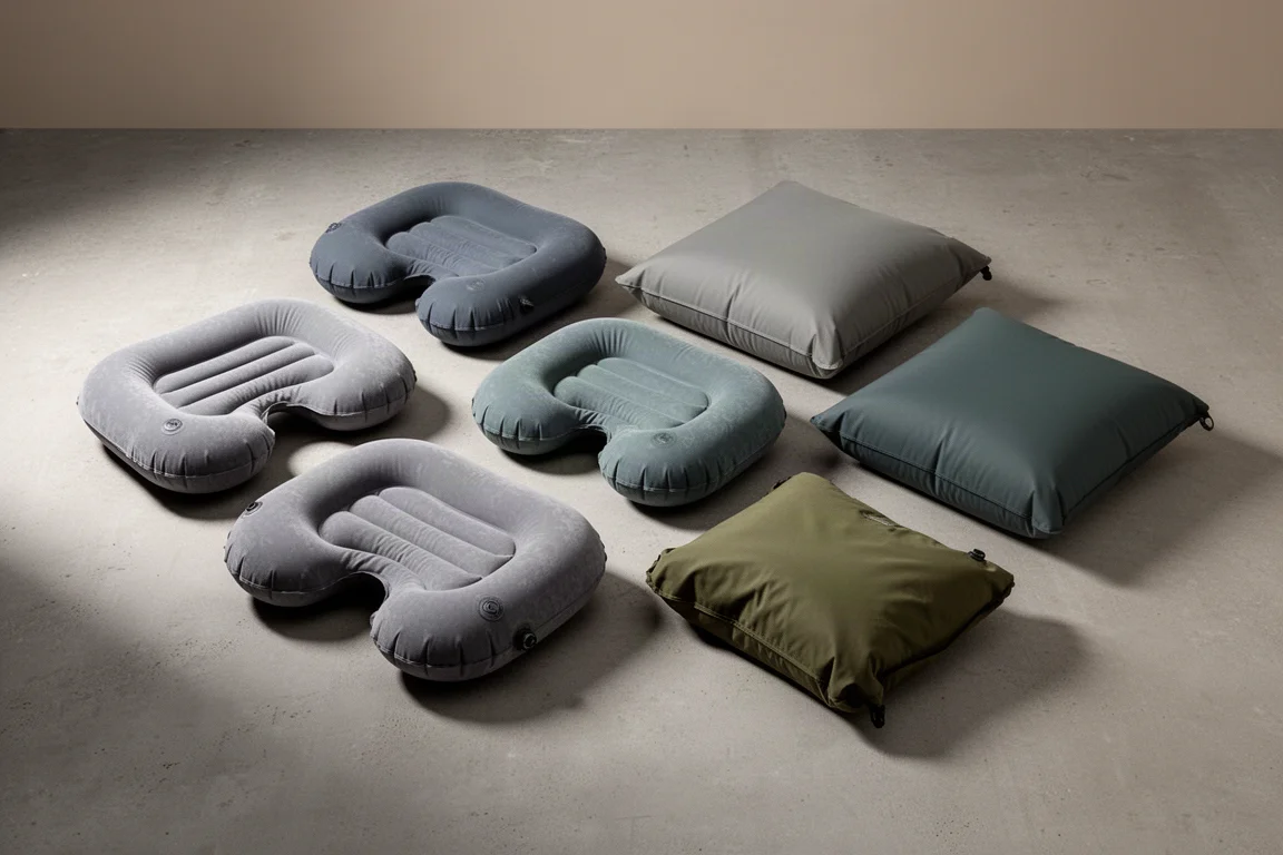Eight inflatable camping pillows in grey and olive tones arranged on a concrete surface