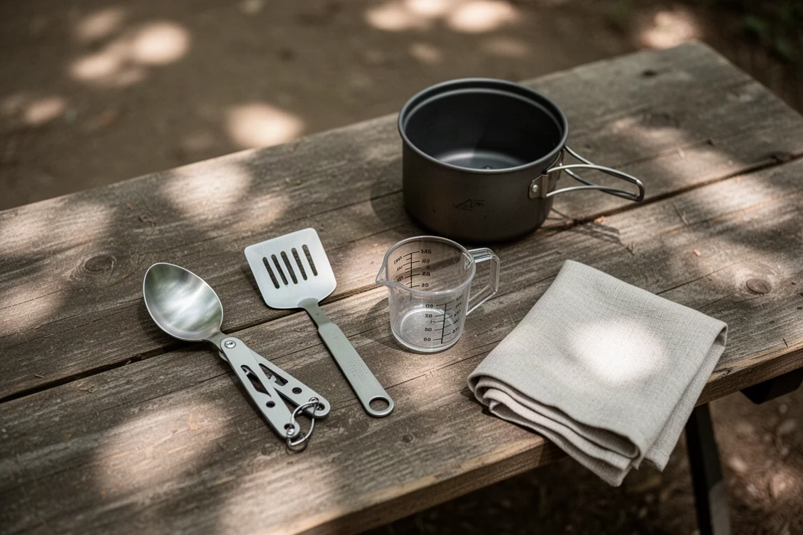Camp kitchen tools laid out on a wooden camp table beside a small pot