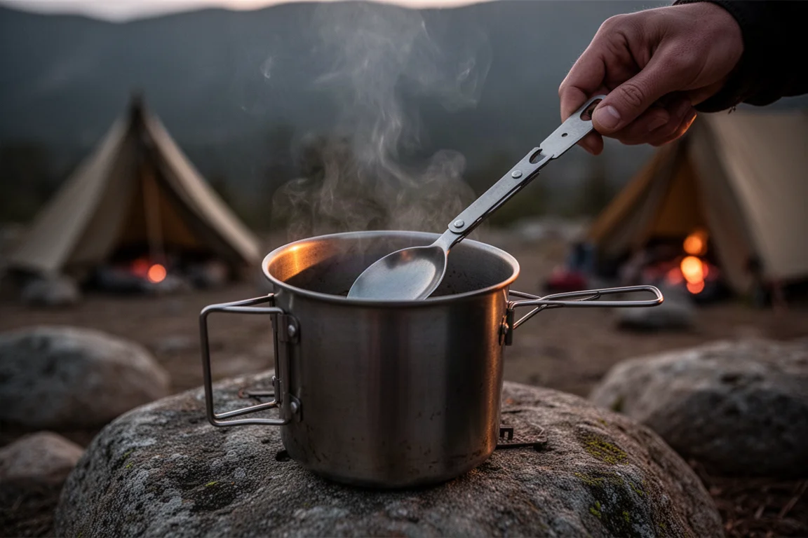 Long-handled camp spoon stirring inside a metal pot at dusk