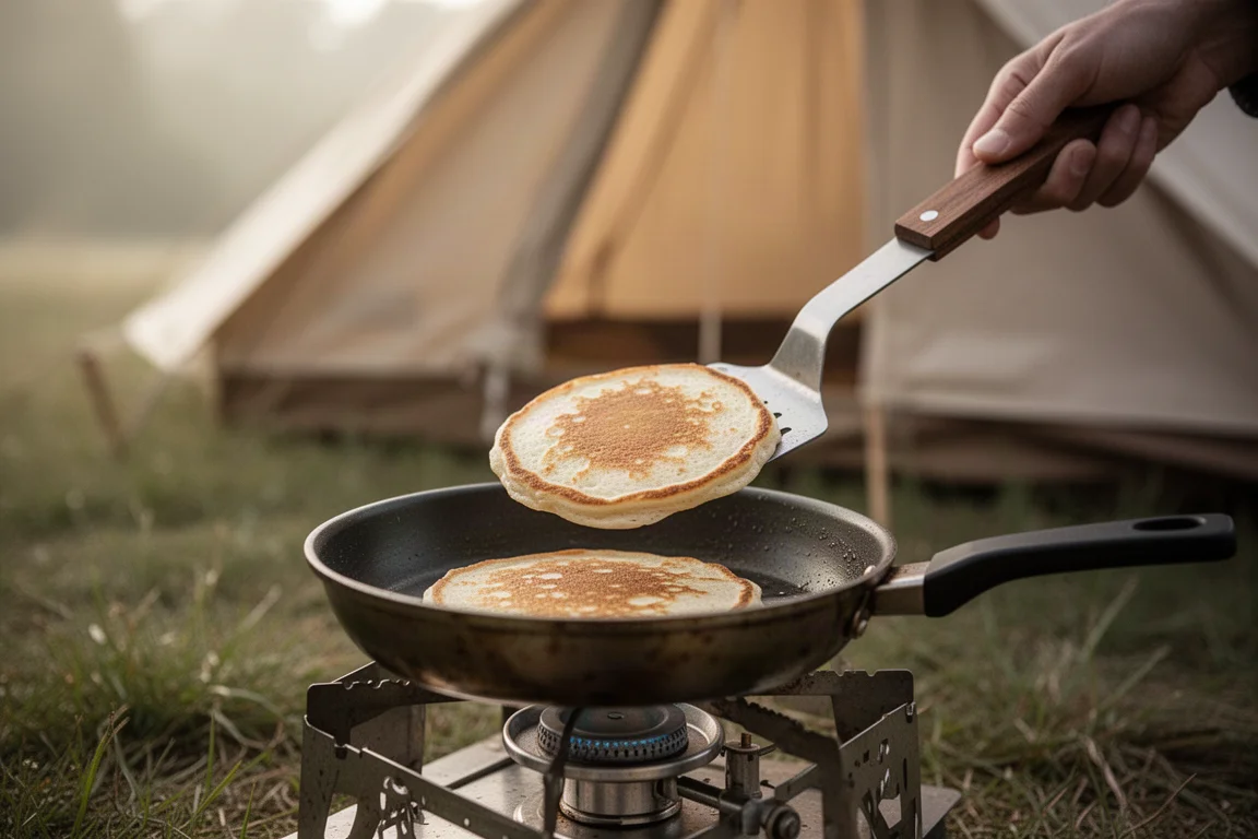 Camp spatula lifting a pancake from a frying pan on a camp stove