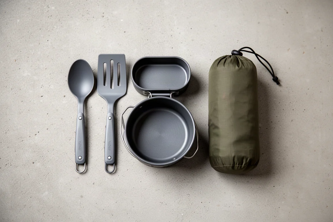 Compact camp kitchen kit packed flat on a concrete surface from above