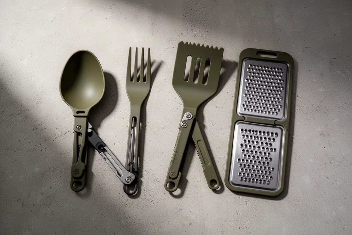 Folding camp cooking utensils arranged on a matte concrete surface
