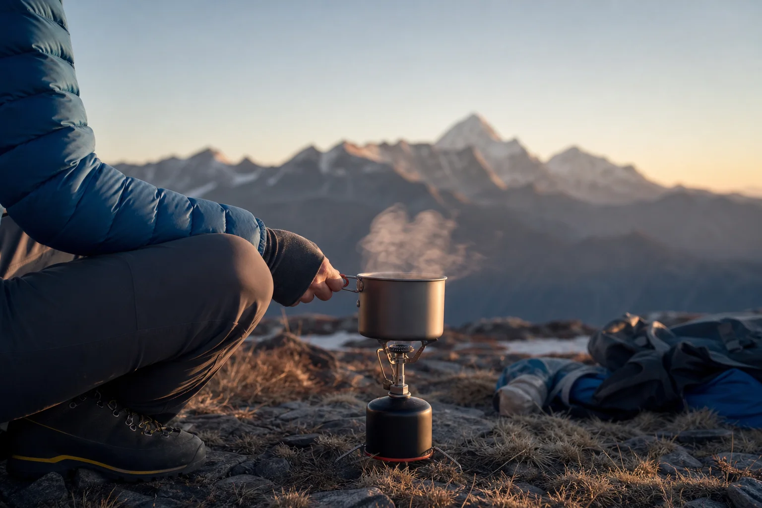 Escursionista che cucina con un fornello compatto in un campo in montagna