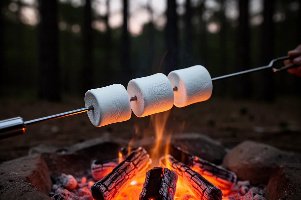 Vier Marshmallows auf einem Edelstahl-Röststock über glühenden Lagerfeuer-Kohlen gehalten