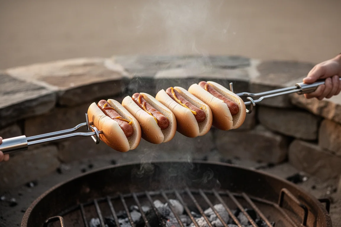 Hot Dogs auf Metall-Röstgabeln über einem Grill