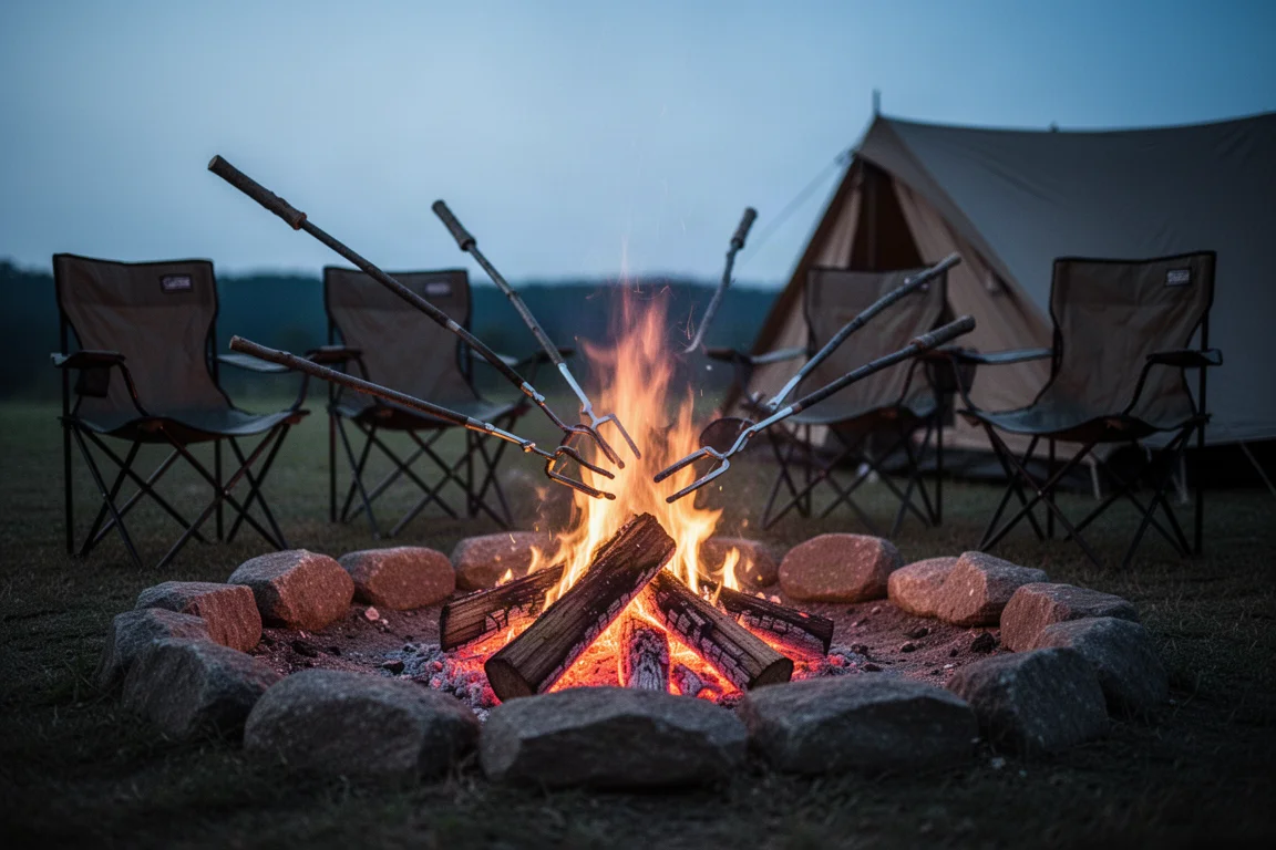 Familie röstet abends Marshmallows an einem Lagerfeuer