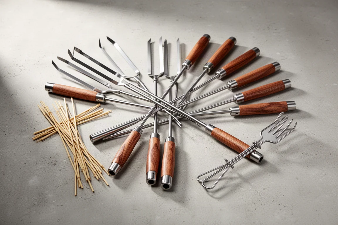 Assorted stainless steel and bamboo campfire roasting sticks arranged on a concrete surface