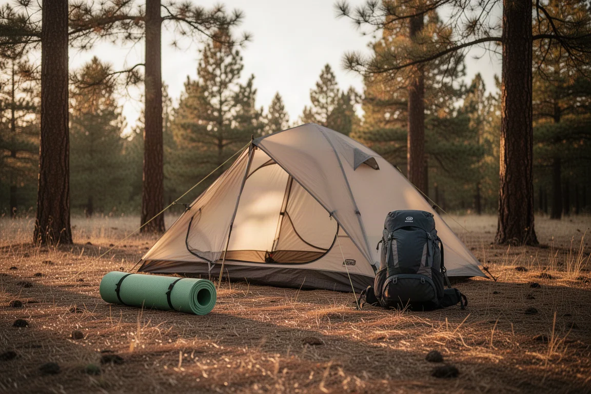 Campsite zur goldenen Stunde mit aufgebautem Zelt, aufgerollter Isomatte und Wanderrucksack auf trockenem Gras