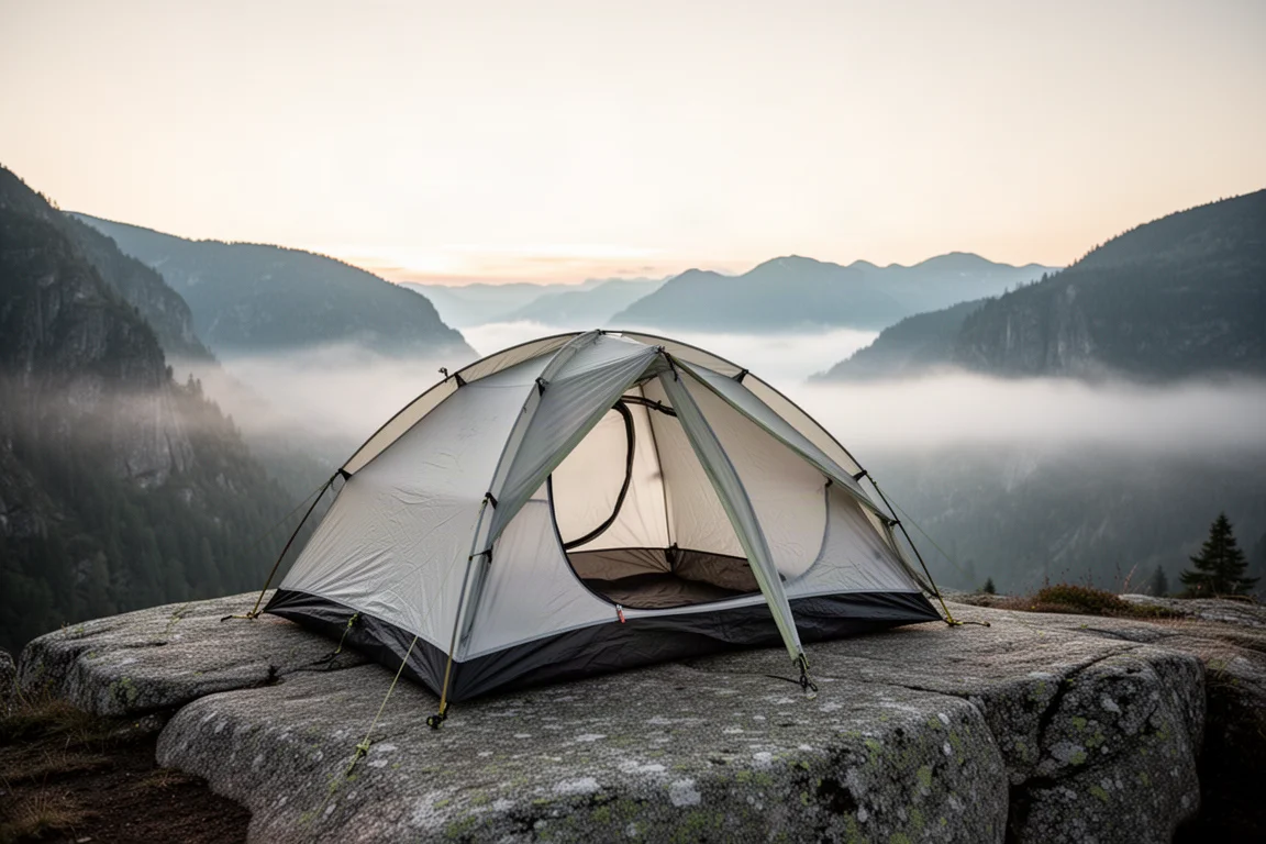 Ultraleichtes Zweipersonenzelt auf einer Granitplatte über einem nebligen Bergtal im Morgengrauen