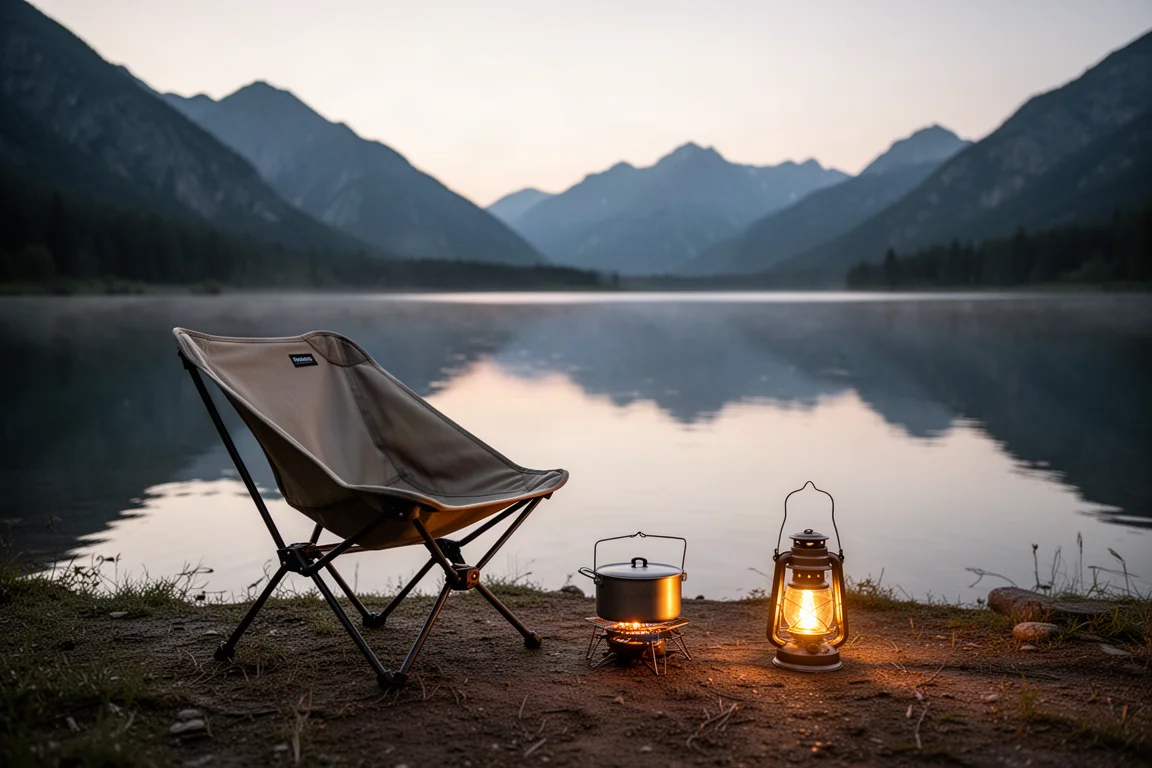 Niedriger Campingstuhl neben einem ruhigen Bergsee in der Dämmerung mit warmem Laternenlicht am Boden