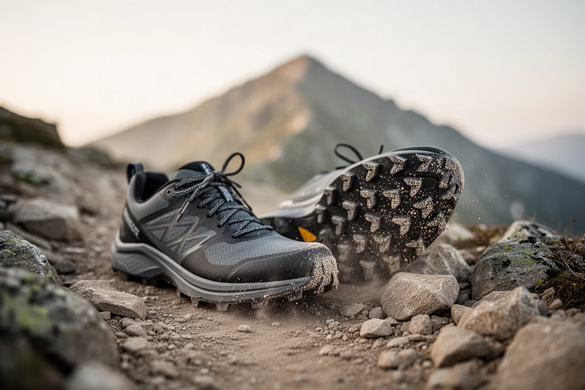 Nahaufnahme von Trail-Schuhen auf einem felsigen Bergpfad mit Staub auf der profilierten Sohle