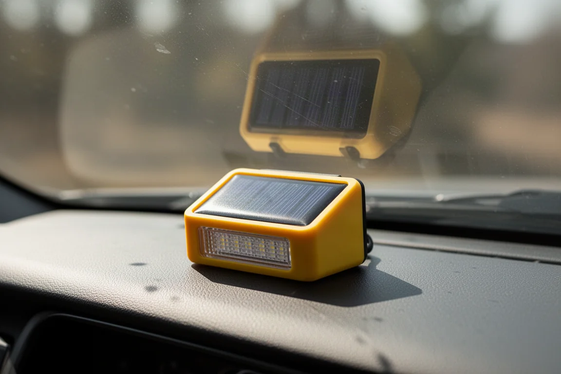 A small solar area light charging on a car dashboard in daylight