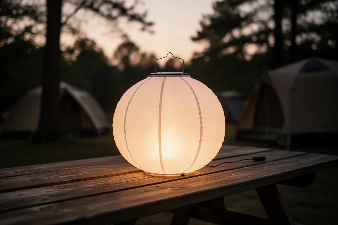 Inflatable solar lantern glowing softly on a picnic table at dusk
