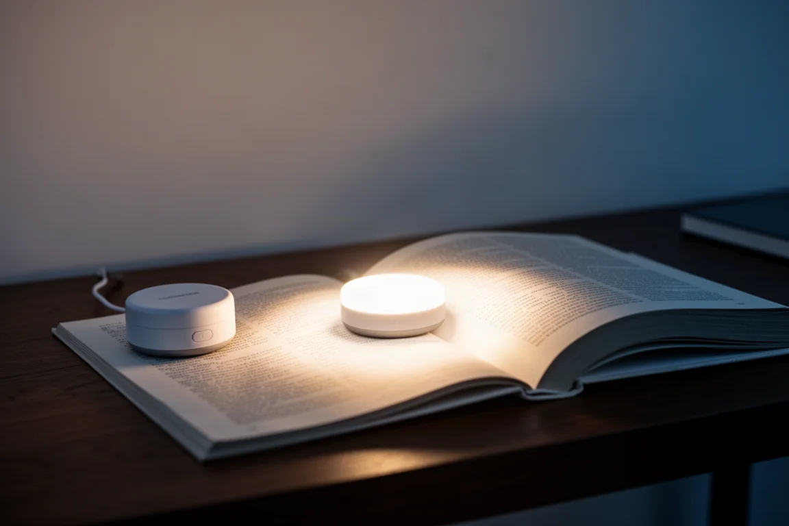 Small rechargeable area light casting an even pool of light on a book
