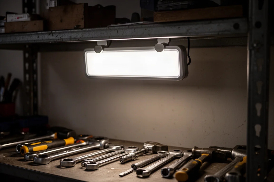 Magnetic work light clipped to a metal shelf during a power cut